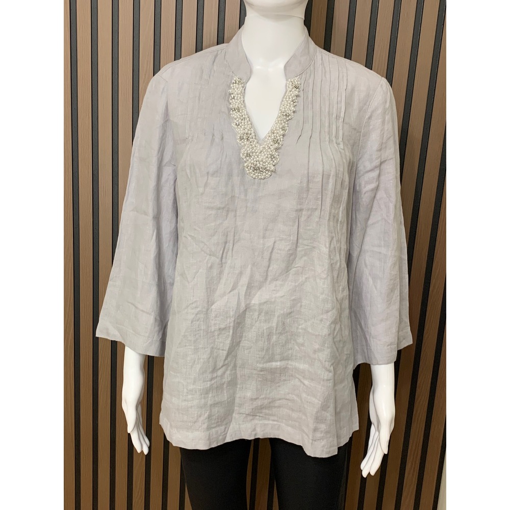 Chicos 100% Linen Tunic Top 0 Gray Pearl Beaded Split Neck Pintuck Blouse